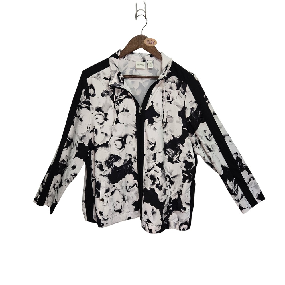 Zenergy by Chicos Floral Rose Zip Up Jacket Black White Size 3 XL Sporty Active